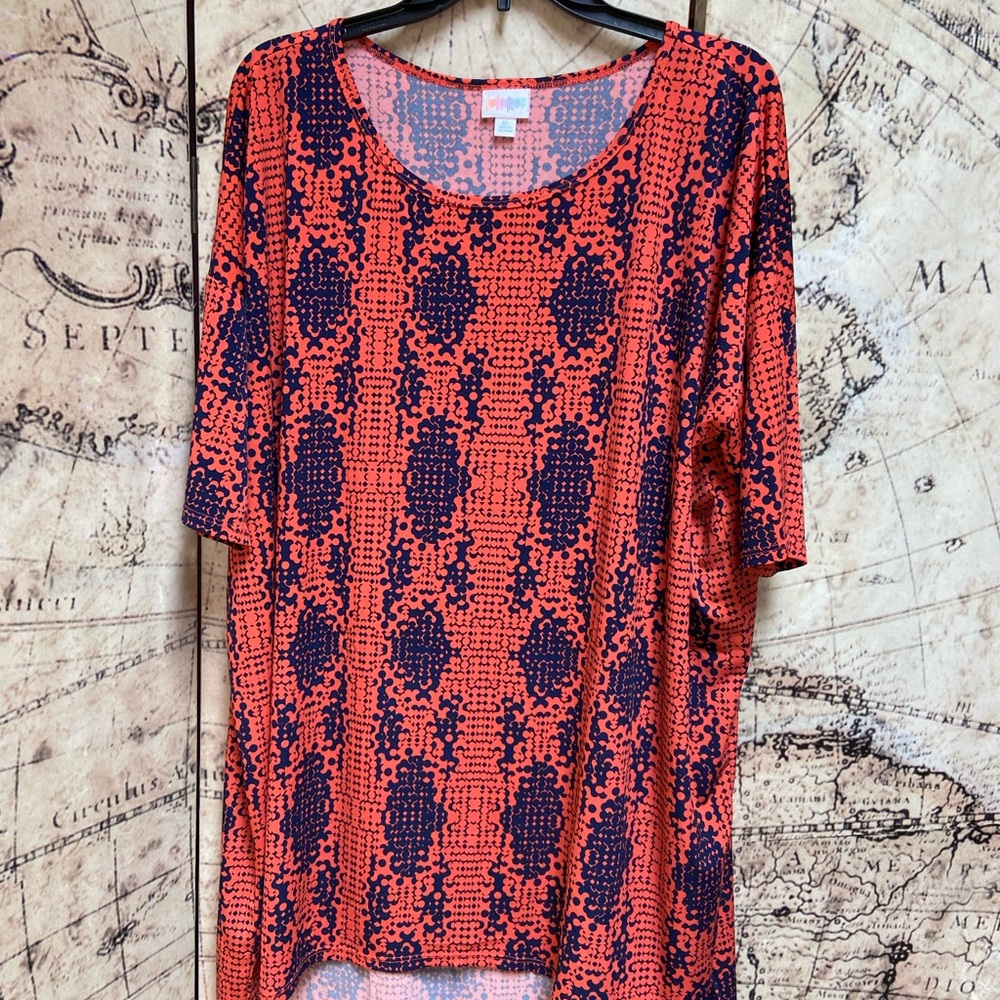 LuLaRoe Irma Slinky Orange and Blue Patterned Women's Top XL-2XL